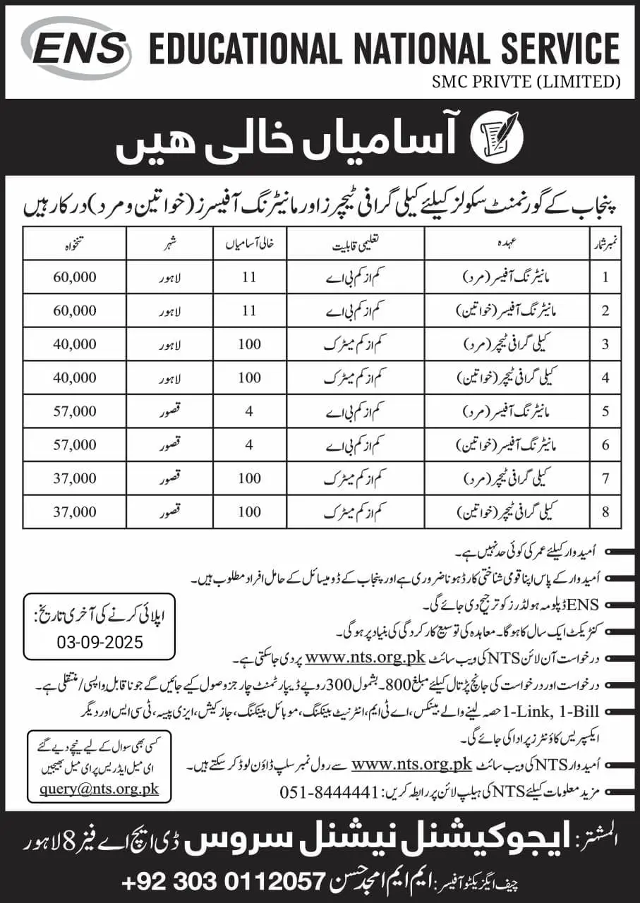 Educational National Service ENS Punjab Jobs