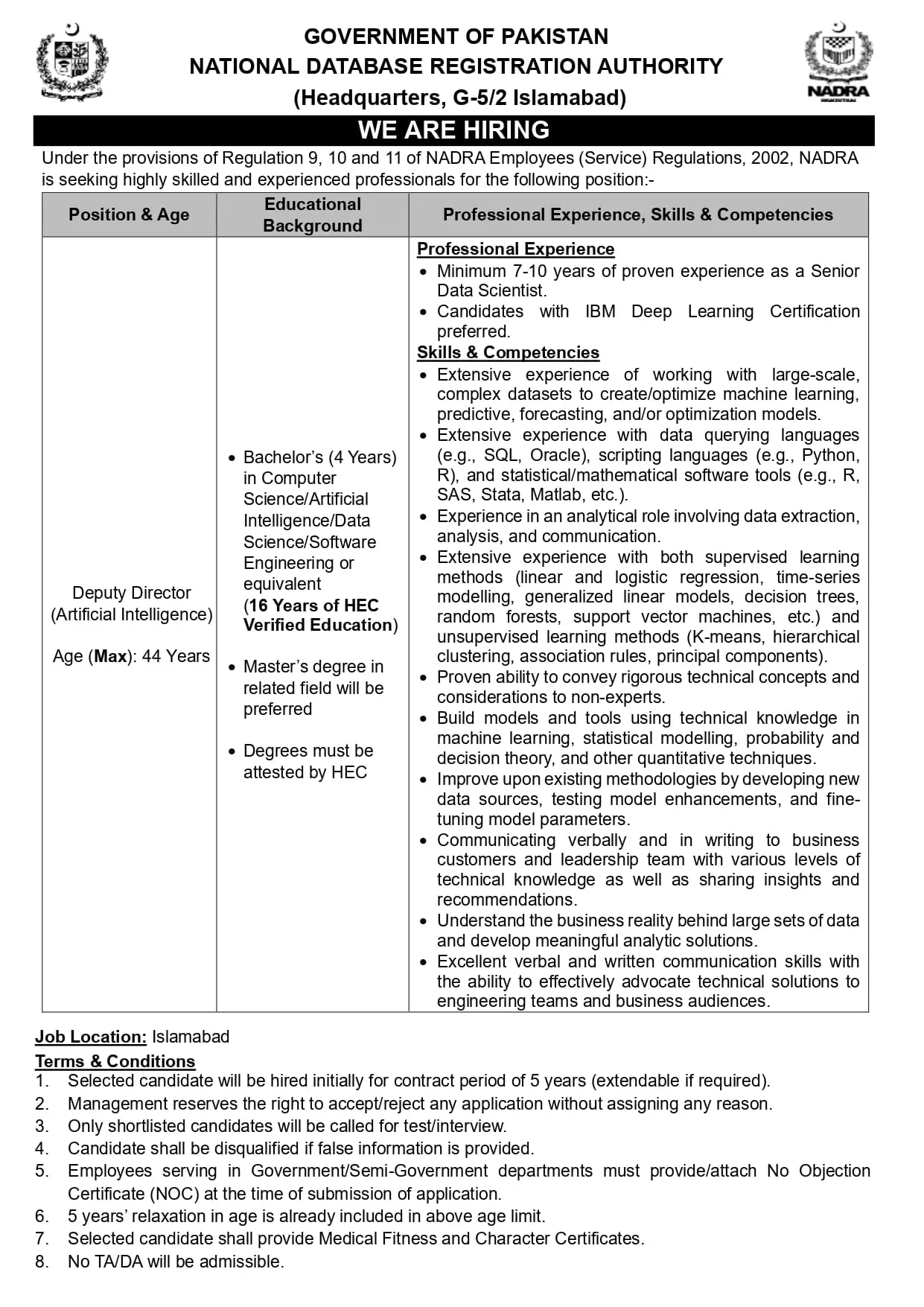 National Database & Registration Authority NADRA Jobs 2025