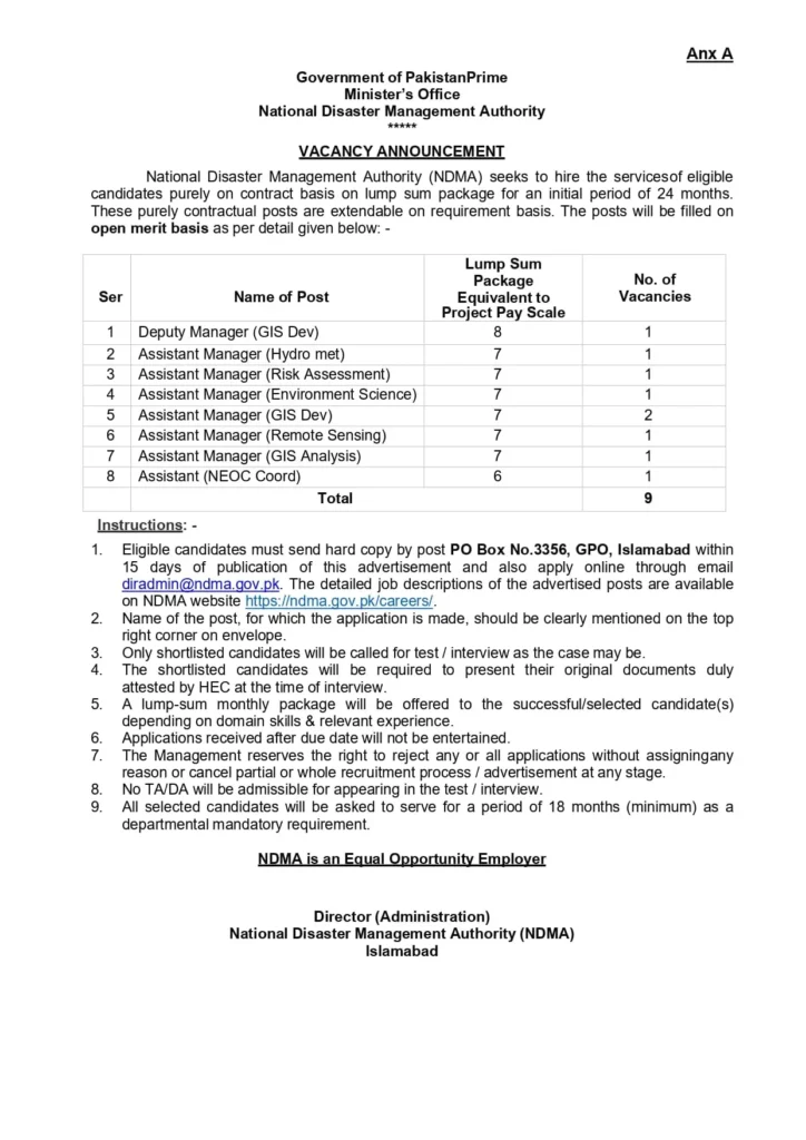 Prime Minister’s Office National Disaster Management Authority NDMA Jobs 2025