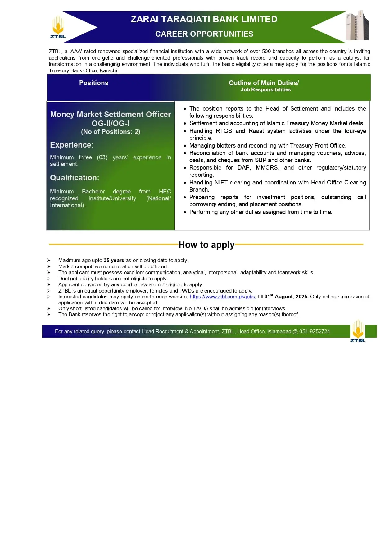 Zarai Taraqiati Bank Limited ZTBL Jobs 2025