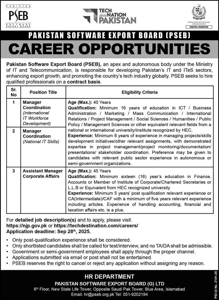 Pakistan Software Export Board PSEB Jobs 2025