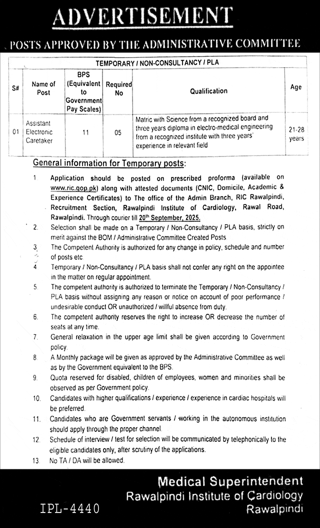 Rawalpindi Institute of Cardiology Jobs 2025