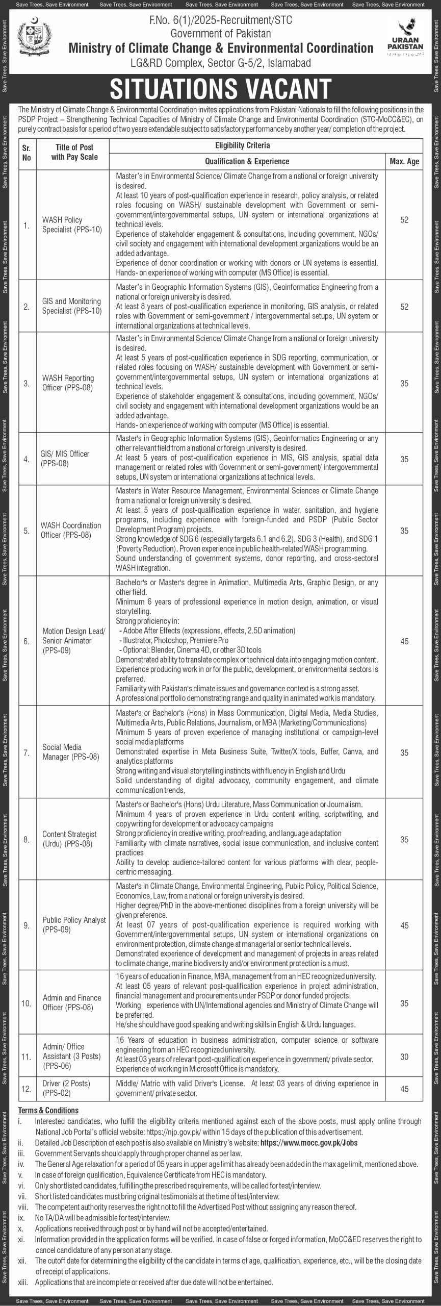 Ministry of Climate Change & Environmental Coordination Jobs 2025