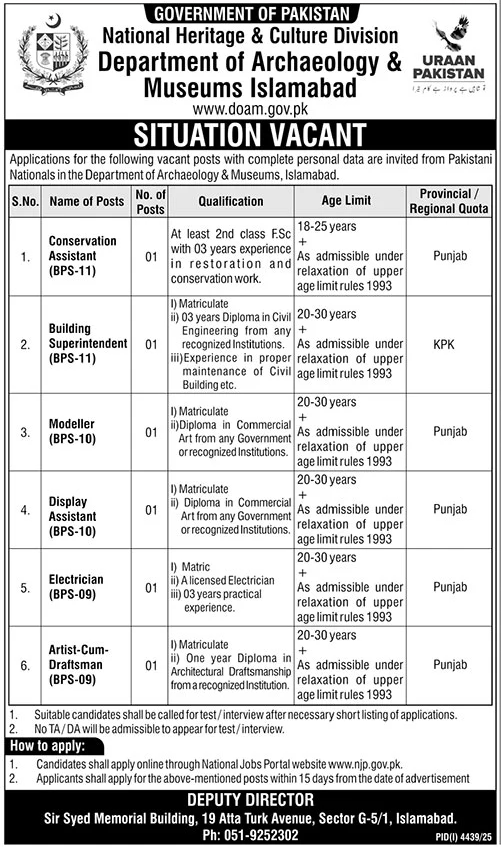 Department of Archaeology & Museums Islamabad Jobs 2025