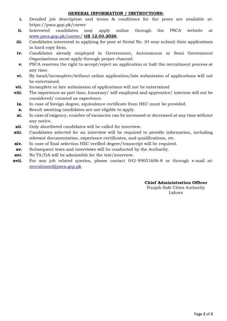 Punjab Safe Cities Authority PSCA Jobs 2026
