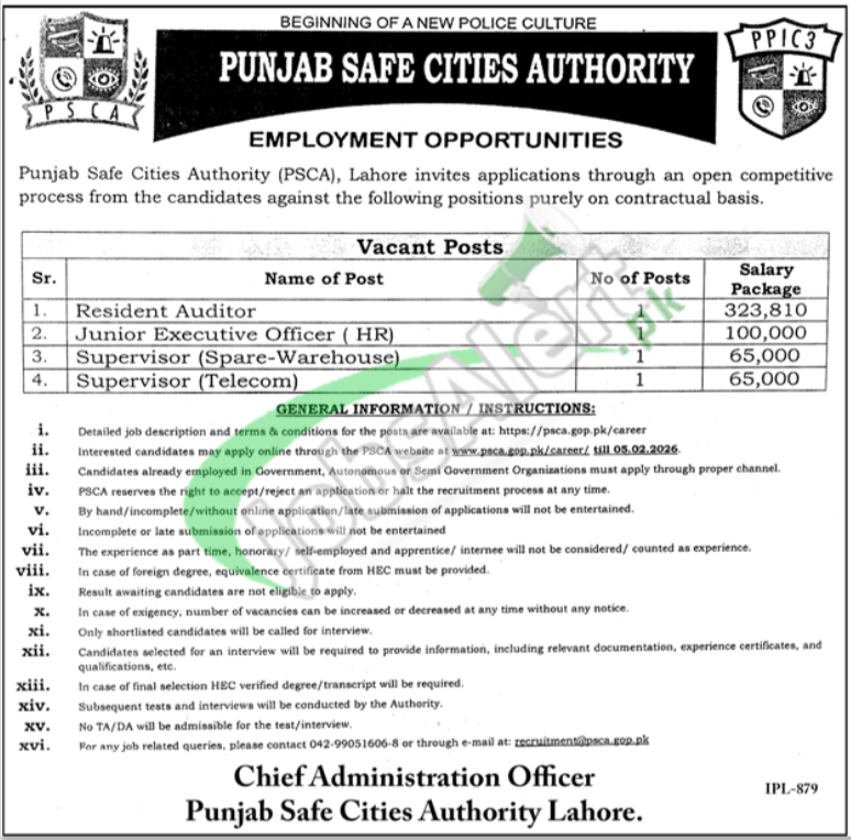 PSCA Lahore Jobs 2026