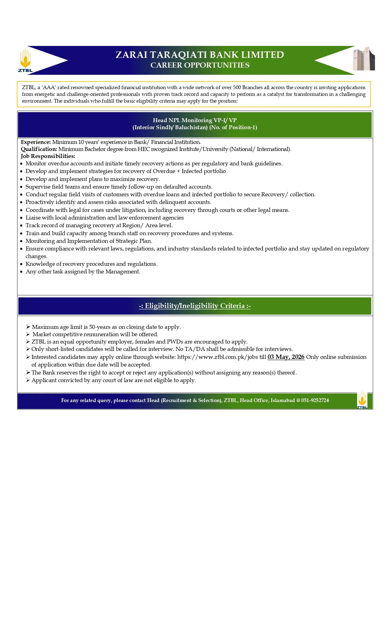 ZTBL Head NPL Monitoring VP Jobs 2026 