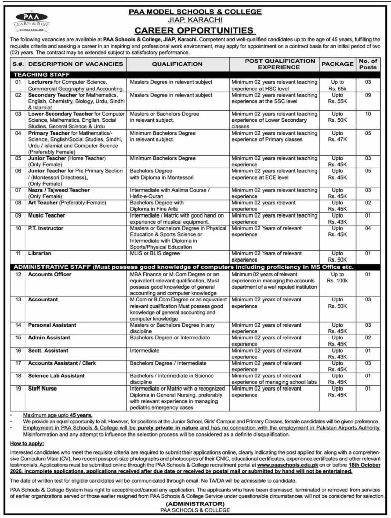 PAA Model Schools & College JIAP Karachi Jobs 2026